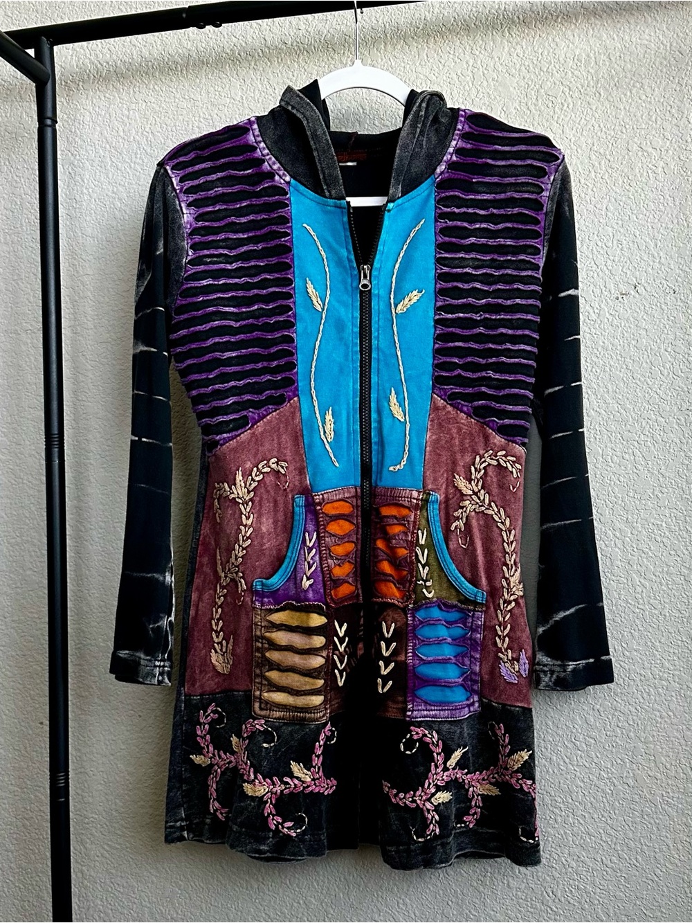 Windhorse Hooded Embroidered Zip-Up Tunic Jacket Boho Festival | Made in Nepal